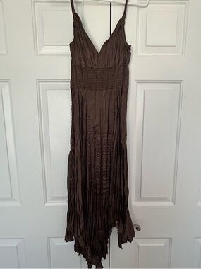 Express: Brown Crinkle Midi Dress with Smocked Waist